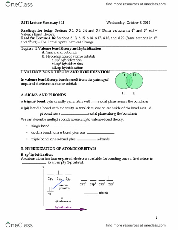 CAS CH 203 Lecture Notes - Lecture 14: Valence Bond Theory, Atomic Orbital, Pi Bond thumbnail