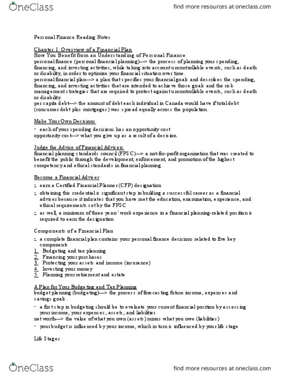Management and Organizational Studies 2275A/B Chapter Notes - Chapter 1-15: Certified Financial Planner, Canada Pension Plan, Estate Planning thumbnail