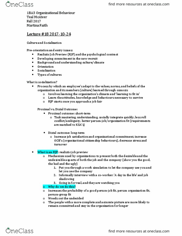 COMMERCE 1BA3 Lecture Notes - Lecture 18: Organizational Commitment, Job Fair, Organizational Culture thumbnail
