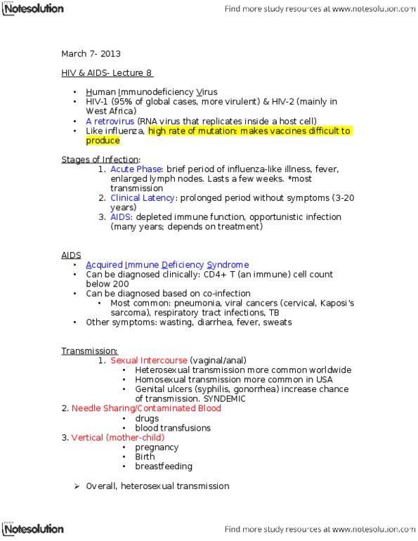 ANT100Y1 Lecture Notes - Lecture 8: Simian Immunodeficiency Virus, Lymphadenopathy, Viral Pneumonia thumbnail