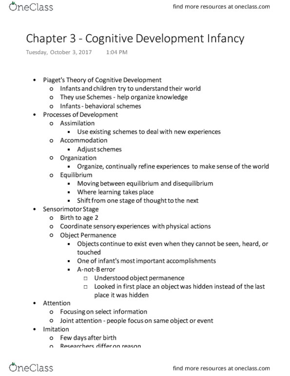 PSYC 210 Lecture Notes - Lecture 5: Joint Attention, Implicit Memory, Object Permanence thumbnail