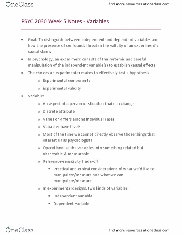 PSYC 2030 Lecture Notes - Lecture 5: Confounding, Blind Experiment, Internal Validity thumbnail