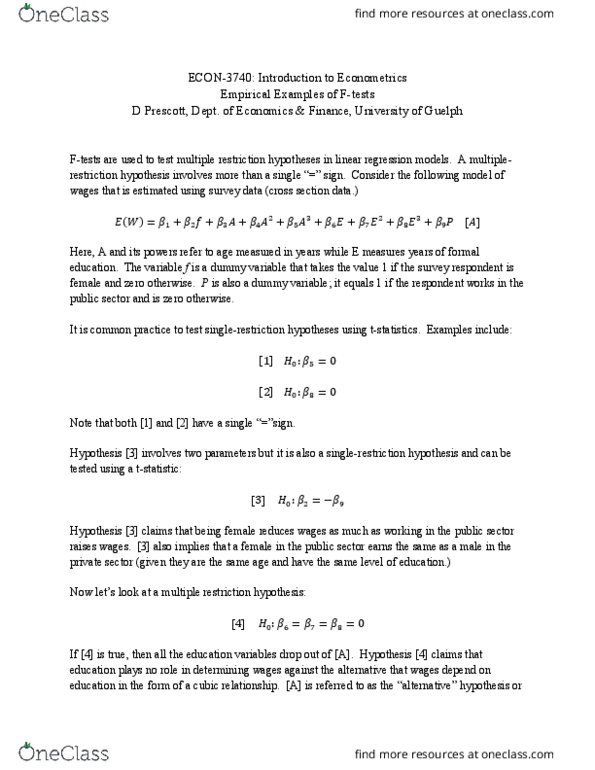 ECON 3740 Lecture Notes - Lecture 4: Null Hypothesis, Econometrics thumbnail