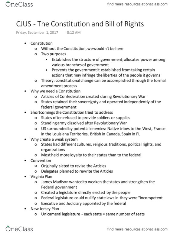 CJUS 200 Lecture Notes - Lecture 1: Connecticut Compromise, Standing Army, Sixth Amendment To The United States Constitution thumbnail