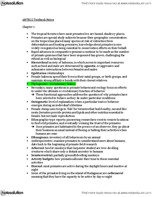 ANT100Y1 Chapter Notes -Stereopsis, Behavioral Ecology, Amboseli National Park thumbnail