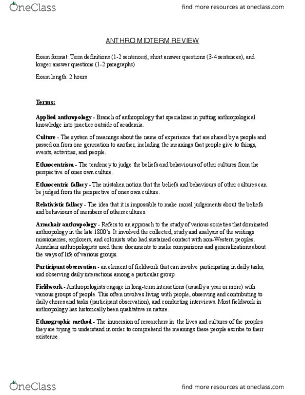 ANTH 1120 Lecture Notes - Lecture 11: Sociocultural Anthropology, Applied Anthropology, Social Anthropology thumbnail