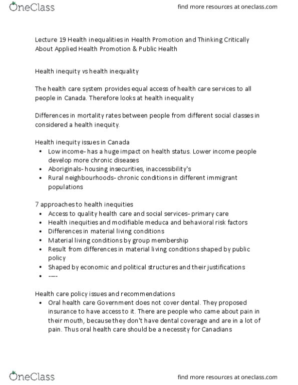 HLTH202 Lecture Notes - Lecture 19: Health Equity thumbnail