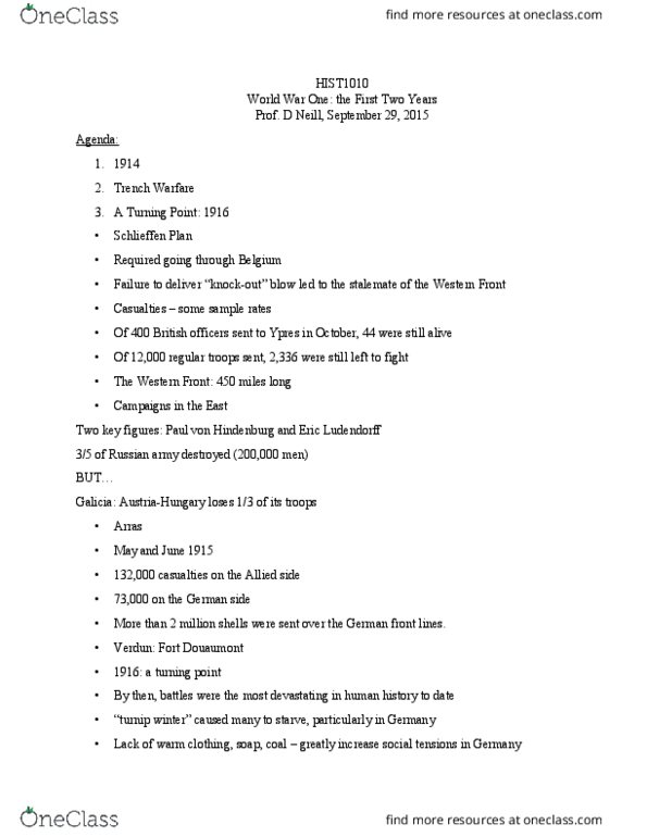 HIST 1010 Lecture Notes - Lecture 6: Paul Von Hindenburg, Fort Douaumont, Trench Warfare thumbnail