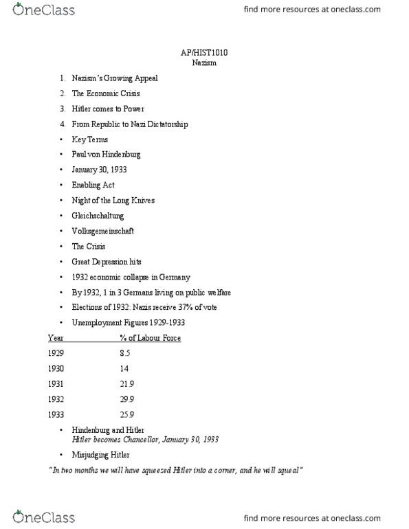 HIST 1010 Lecture Notes - Lecture 17: Paul Von Hindenburg, Gleichschaltung, Volksgemeinschaft thumbnail