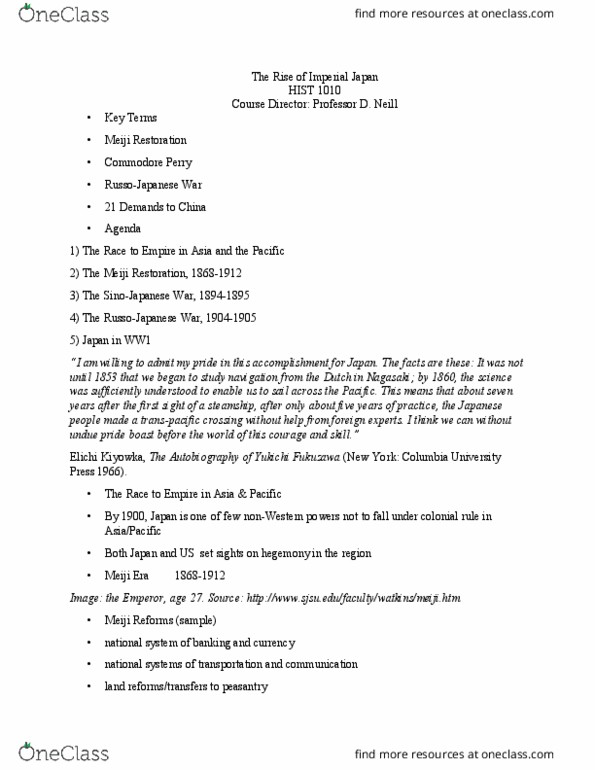 HIST 1010 Lecture Notes - Lecture 20: Fukuzawa Yukichi, Meiji Restoration, Columbia University Press thumbnail