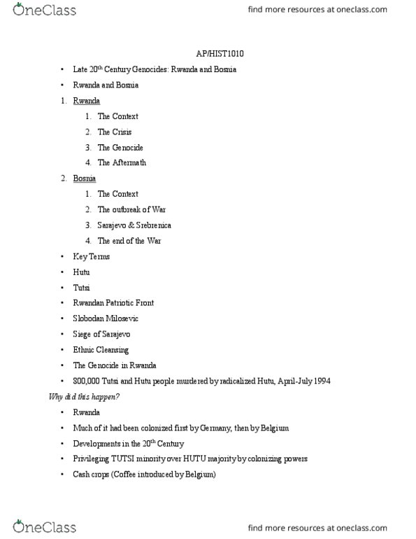 HIST 1010 Lecture Notes - Lecture 41: Rwandan Patriotic Front, Siege Of Sarajevo, United Nations Assistance Mission For Rwanda thumbnail
