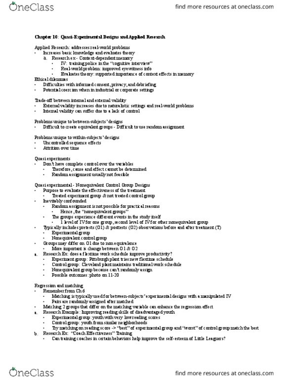 PSY 250 Lecture Notes - Lecture 10: Flextime, Random Assignment, External Validity thumbnail