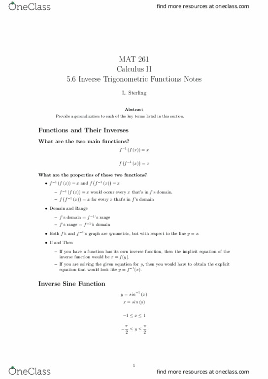 MAT-261 Lecture Notes - Lecture 5: Trigonometric Functions, Inverse Function, Inverse Trigonometric Functions thumbnail