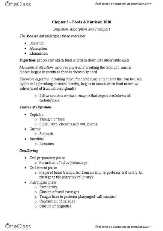 Foods and Nutrition 1030E Chapter Notes - Chapter 3: Gastric Acid, Pepsin, Peristalsis thumbnail