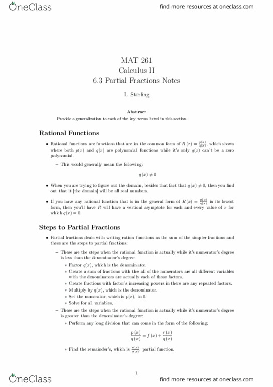 MAT-261 Lecture Notes - Lecture 10: Partial Fraction Decomposition, Partial Function, Asymptote thumbnail