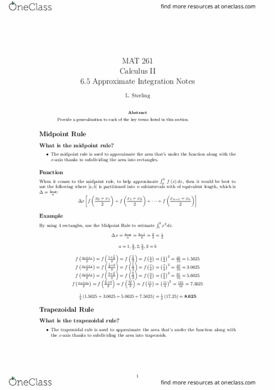 MAT-261 Lecture Notes - Lecture 12: Trapezoidal Rule, Riemann Sum thumbnail