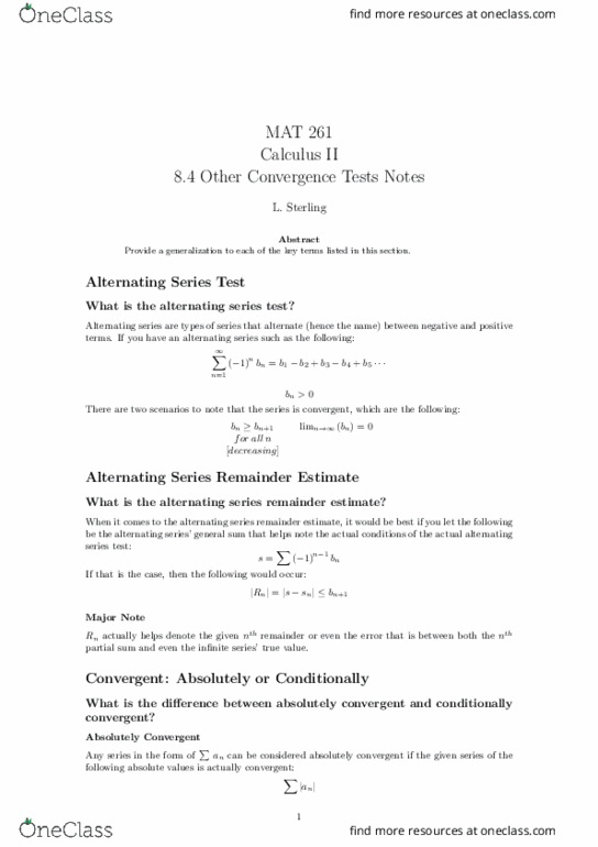 MAT-261 Lecture Notes - Lecture 20: Alternating Series Test, Alternating Series, Conditional Convergence thumbnail