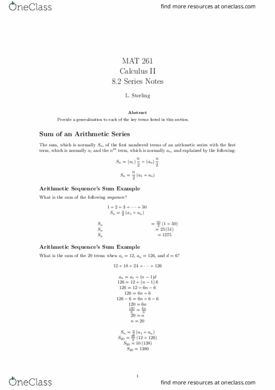 MAT-261 Lecture Notes - Lecture 18: Arithmetic Progression, Geometric Series thumbnail