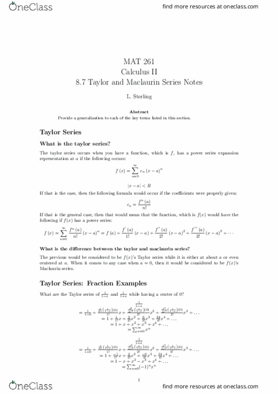 MAT-261 Lecture Notes - Lecture 23: Taylor Series thumbnail