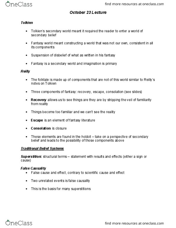 HUMA 1900 Lecture Notes - Lecture 6: Hobbit, Placenta, Incubus thumbnail