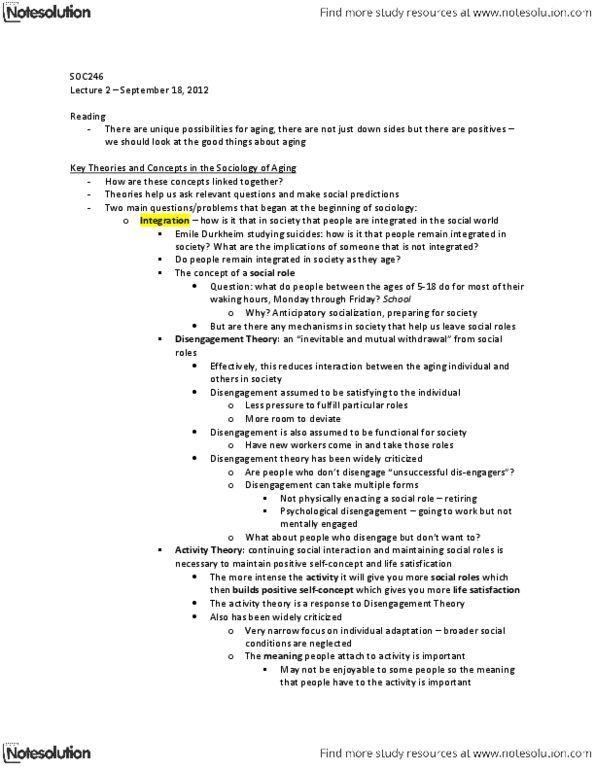 SOC246H1 Lecture Notes - Disengagement Theory, Activity Theory, Gerontology thumbnail