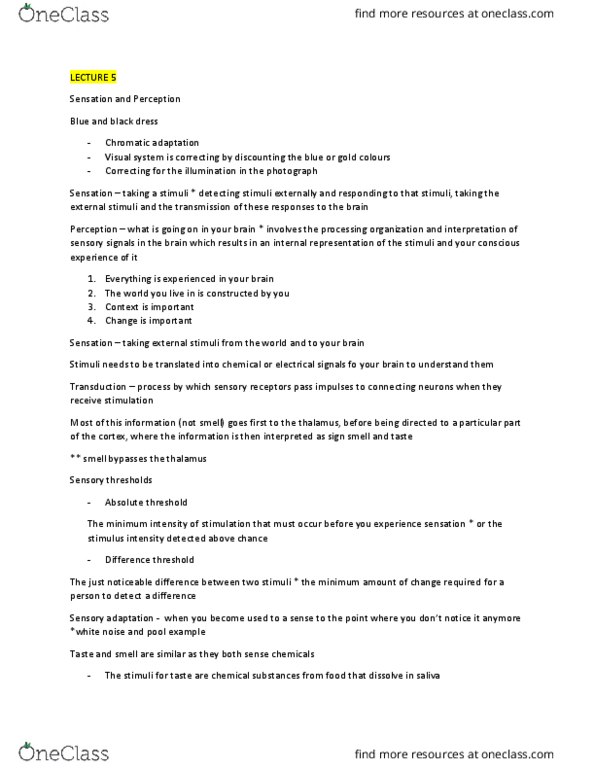 PSY100H1 Lecture Notes - Lecture 5: Chromatic Adaptation, Absolute Threshold, Neural Adaptation thumbnail