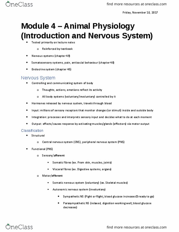 BIOL 1050 Lecture Notes - Lecture 1: Central Nervous System, Somatic Nervous System, Peripheral Nervous System thumbnail