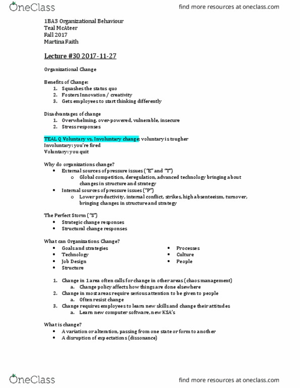 COMMERCE 1BA3 Lecture Notes - Lecture 30: Teal, Organizational Culture, Structural Change thumbnail