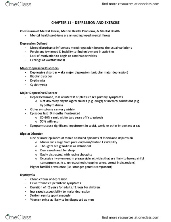 Kinesiology 2276F/G Lecture Notes - Lecture 11: Major Depressive Disorder, Mood Disorder, Mixed Affective State thumbnail