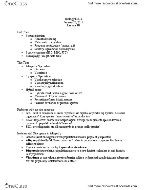 BIOLOGY 1M03 Lecture Notes - Lecture 1: Sympatric Speciation, Nuptial Gift, Ring Species thumbnail