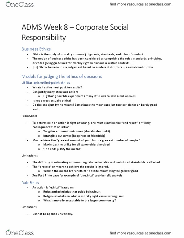ADMS 1000 Chapter Notes - Chapter 7-8: Corporate Social Responsibility, Bernard Madoff, Nortel thumbnail