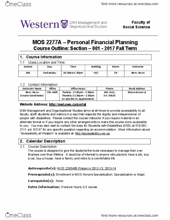 Management and Organizational Studies 2277A/B Lecture Notes - Lecture 1: Office Office, The Instructor, Personal Finance thumbnail