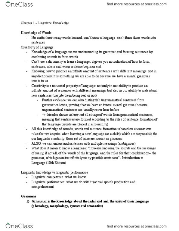 LING 200 Chapter Notes - Chapter 1: Linguistic Performance, Universal Grammar, Linguistic Competence thumbnail