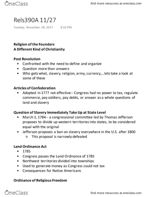 REL S 390A Lecture Notes - Lecture 17: Northwest Ordinance, American Civil Religion, Civil Religion thumbnail