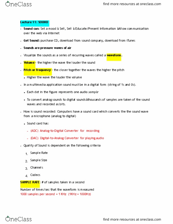 Computer Science 1033A/B Lecture Notes - Lecture 10: Sound Card, Sound, Hertz thumbnail