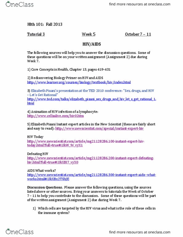 HLTH101 Lecture 4: HLTH 101 Lecture 4: 2.1 - HIV:AIDS Discussion Questions thumbnail