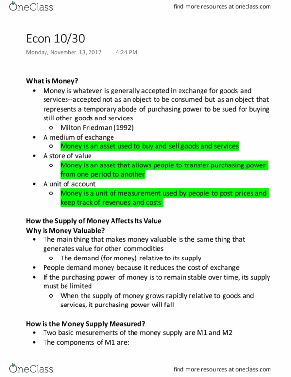 ECON 101 Lecture Notes - Lecture 16: Money Supply, Money Market, Excess Reserves thumbnail