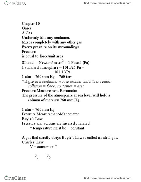 CAS CH 101 Lecture Notes - Lecture 10: Combined Gas Law, Ideal Gas Law, Gas Constant thumbnail