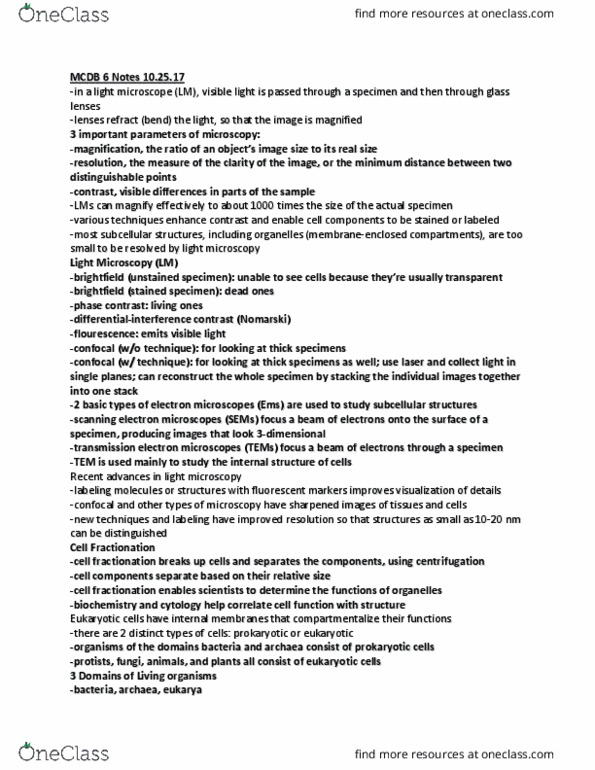 MCDB 20 Lecture Notes - Lecture 6: Cell Fractionation, Archaea, Small Cell thumbnail