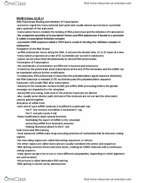 MCDB 20 Lecture Notes - Lecture 2: Rna Splicing, Tata Box, Transfer Rna thumbnail