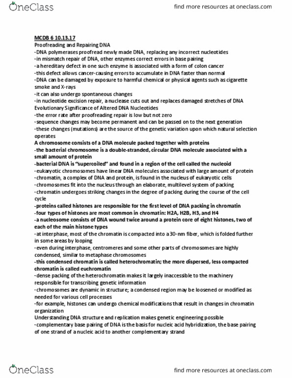 MCDB 20 Lecture Notes - Lecture 1: Molecular Cloning, Dna Repair, Dna Mismatch Repair thumbnail