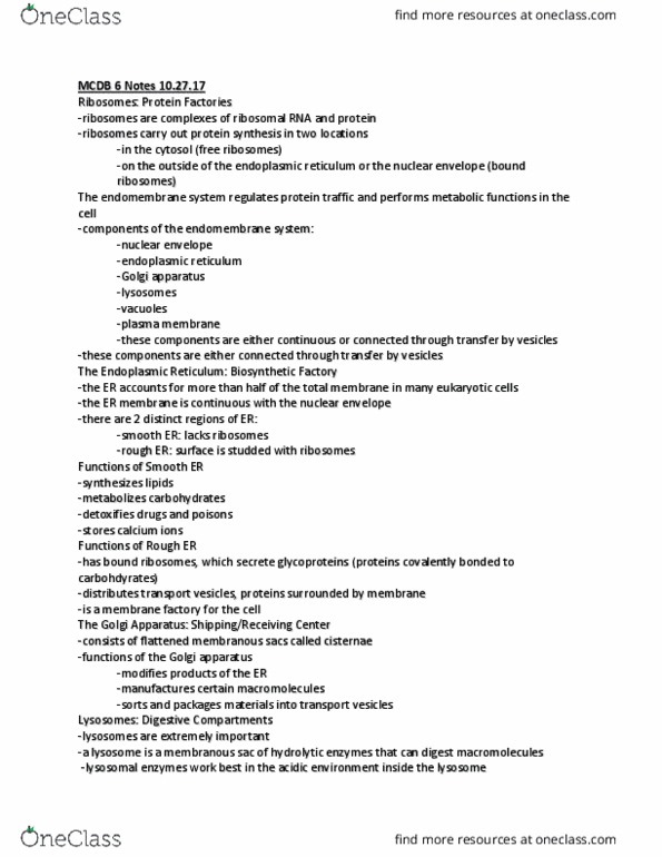 MCDB 20 Lecture Notes - Lecture 10: Endoplasmic Reticulum, Nuclear Membrane, Endomembrane System thumbnail