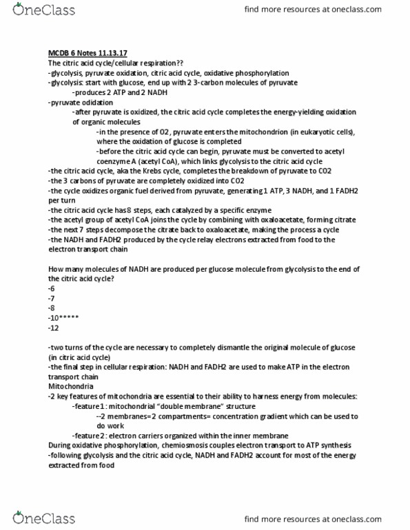 MCDB 20 Lecture Notes - Lecture 8: Acetyl-Coa, Oxidative Phosphorylation, Pyruvic Acid thumbnail