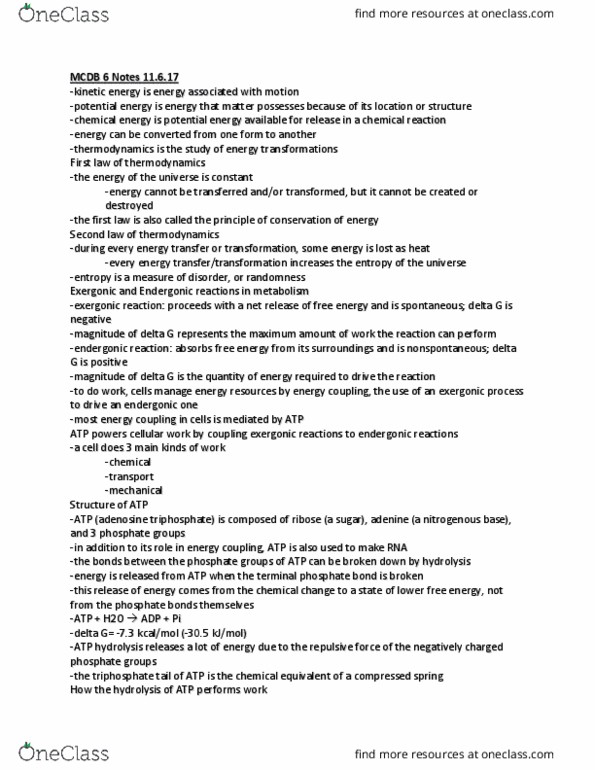 MCDB 20 Lecture Notes - Lecture 6: Exergonic Reaction, Atp Hydrolysis, Chemical Transport Reaction thumbnail