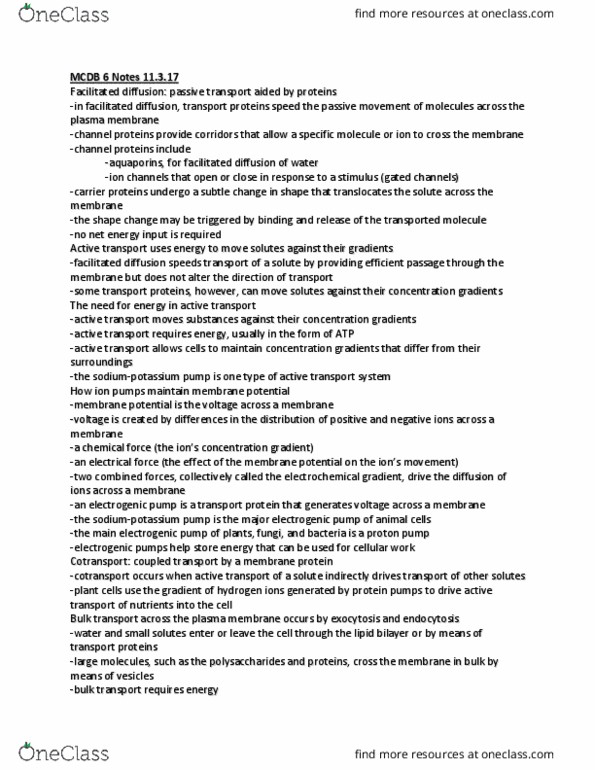 MCDB 20 Lecture Notes - Lecture 1: Electrochemical Gradient, Facilitated Diffusion, Cell Membrane thumbnail