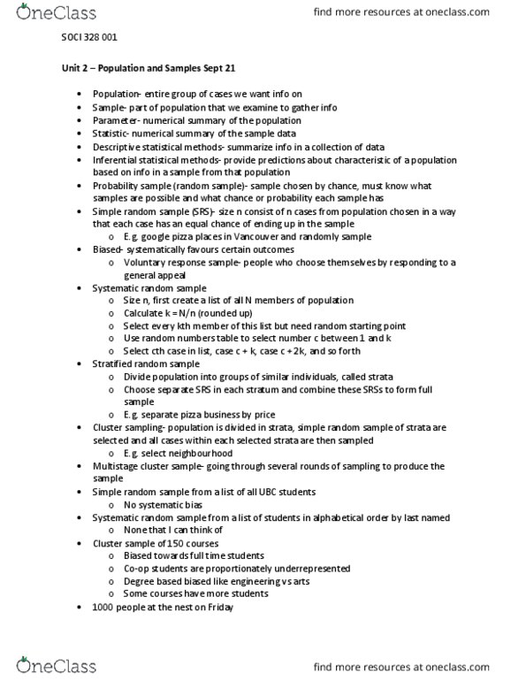 SOCI 328 Lecture Notes - Lecture 2: Simple Random Sample, Cluster Sampling, Observational Error thumbnail