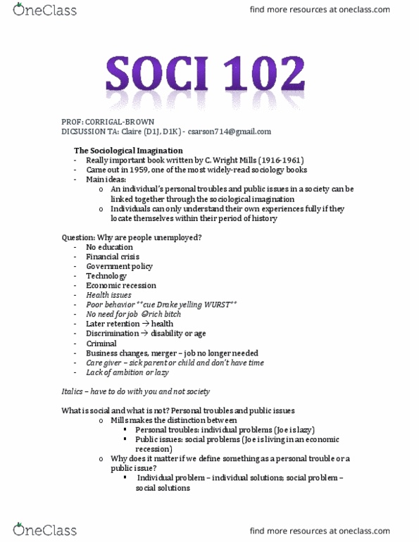 SOCI 102 Lecture Notes - Lecture 26: The Sociological Imagination, Social Inequality, Public Sociology thumbnail