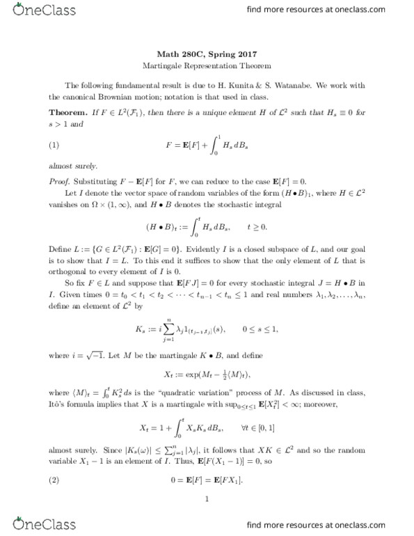 MATH 280A-B-C Lecture Notes - Lecture 2: Stochastic Calculus, Quadratic Variation, Random Variable thumbnail