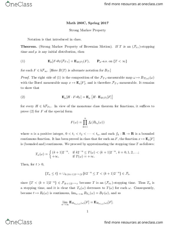 MATH 280A-B-C Lecture Notes - Lecture 12: Monotone Class Theorem, Stopping Time, Borel Measure thumbnail