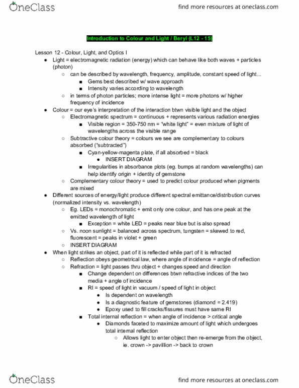 EOSC 118 Lecture Notes - Lecture 12: Total Internal Reflection, Electromagnetic Spectrum, Color Theory thumbnail